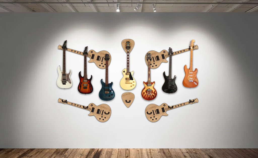 3fach Gitarrenwandhalter Les Paul Style - Edle Holz Optiken (Eiche, Zebrano & mehr) - Handgefertigt - Geschenk für Musiker